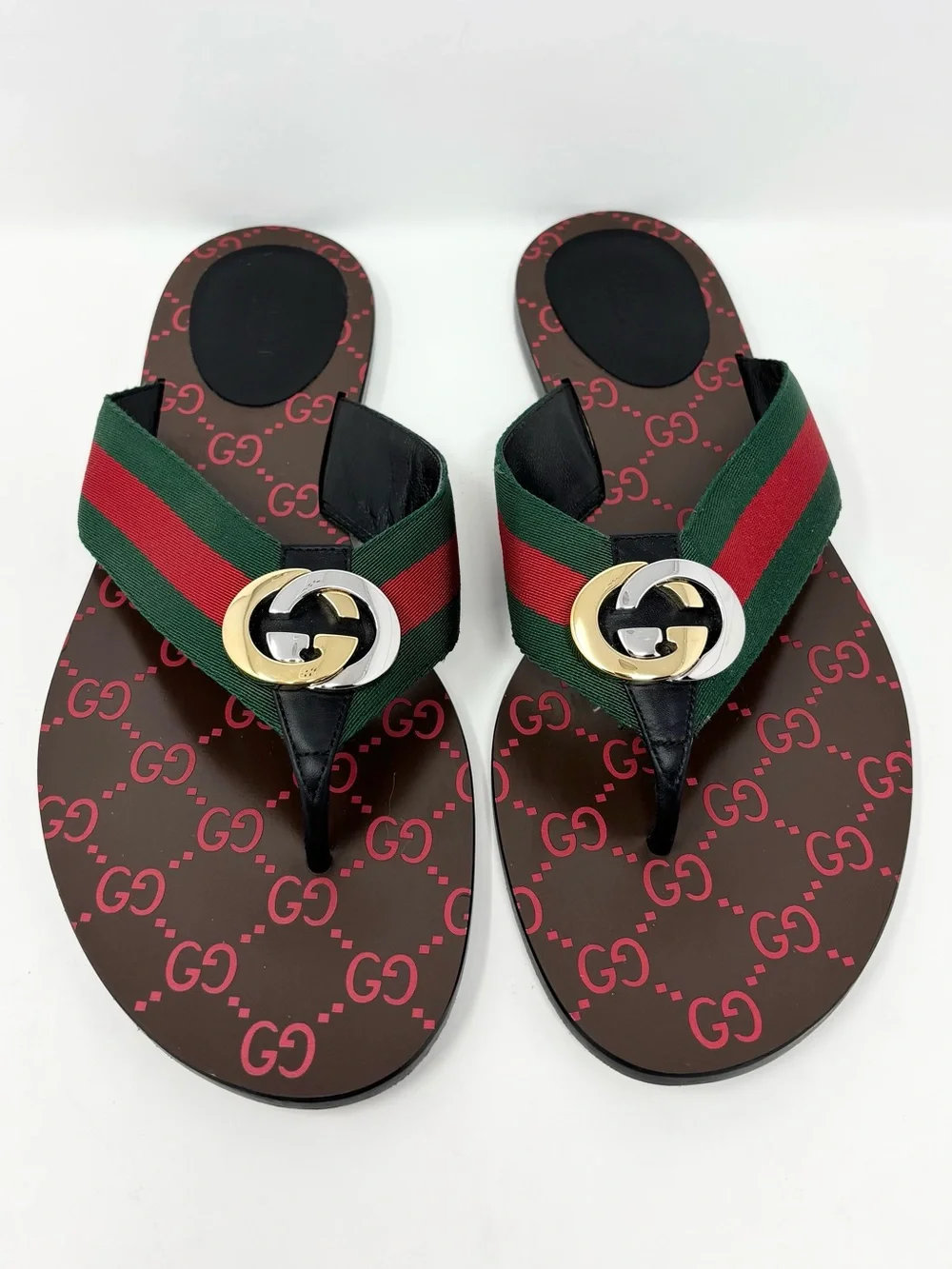 Gucci Kika Web Thong Sandals Nero GG Logo Size 41 US 11